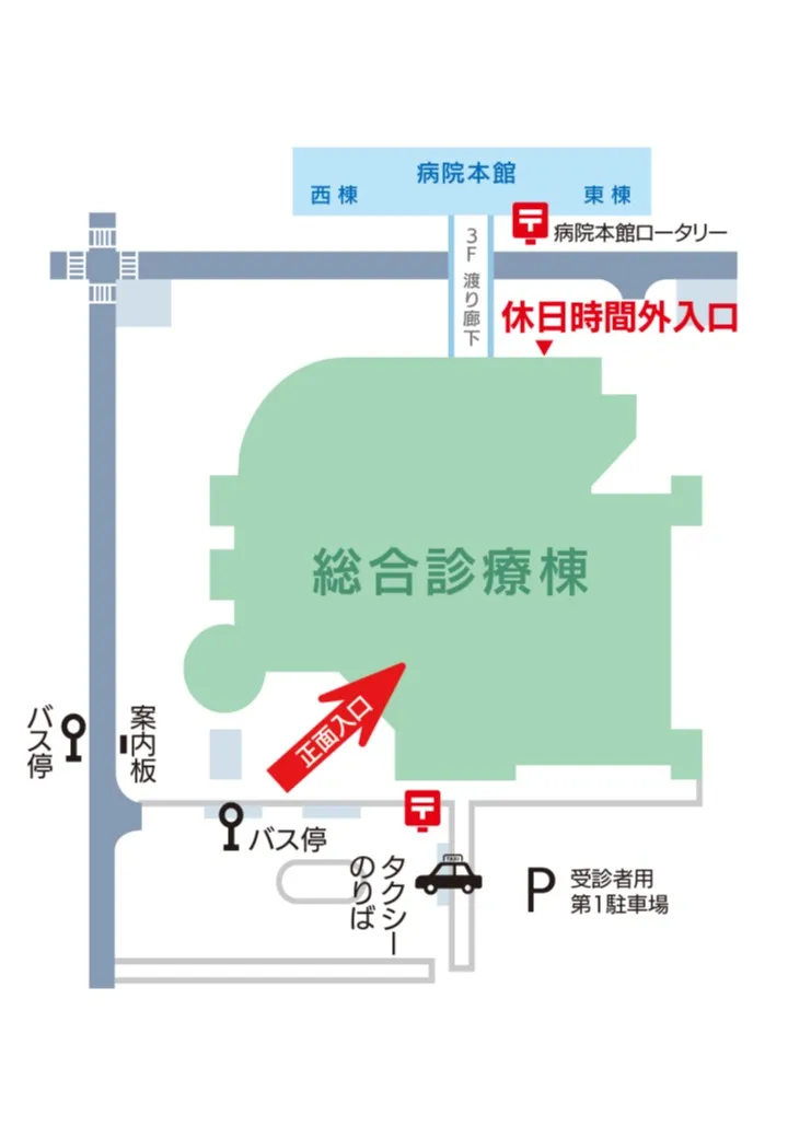 総合診療棟北側入口休日時間外窓口の地図