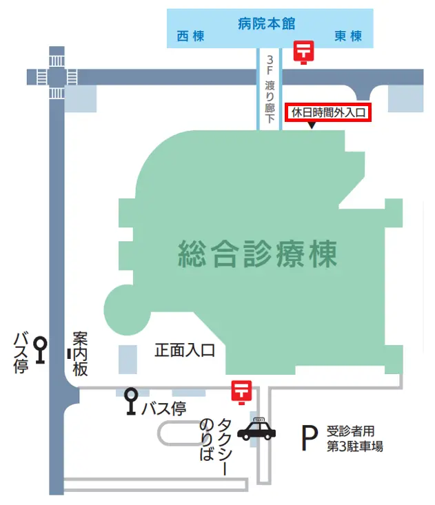 総合診療棟北側入口休日時間外窓口の地図